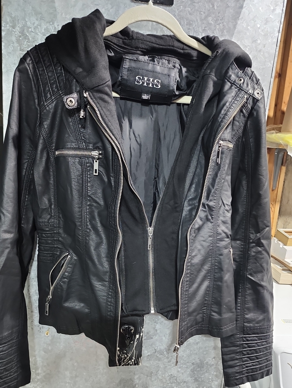 Womens Black Faux Leather Hooded Moto Jacket by